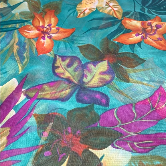 Maggie Sweet vintage sheer capri blue tropical floral button down women’s blouse - Picture 7 of 13